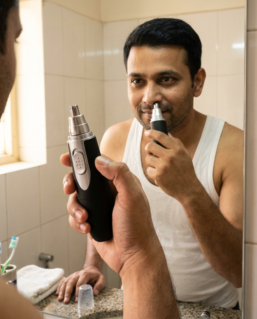 Man using the black and steel trimmer at his nose in front of a bathroom mirror