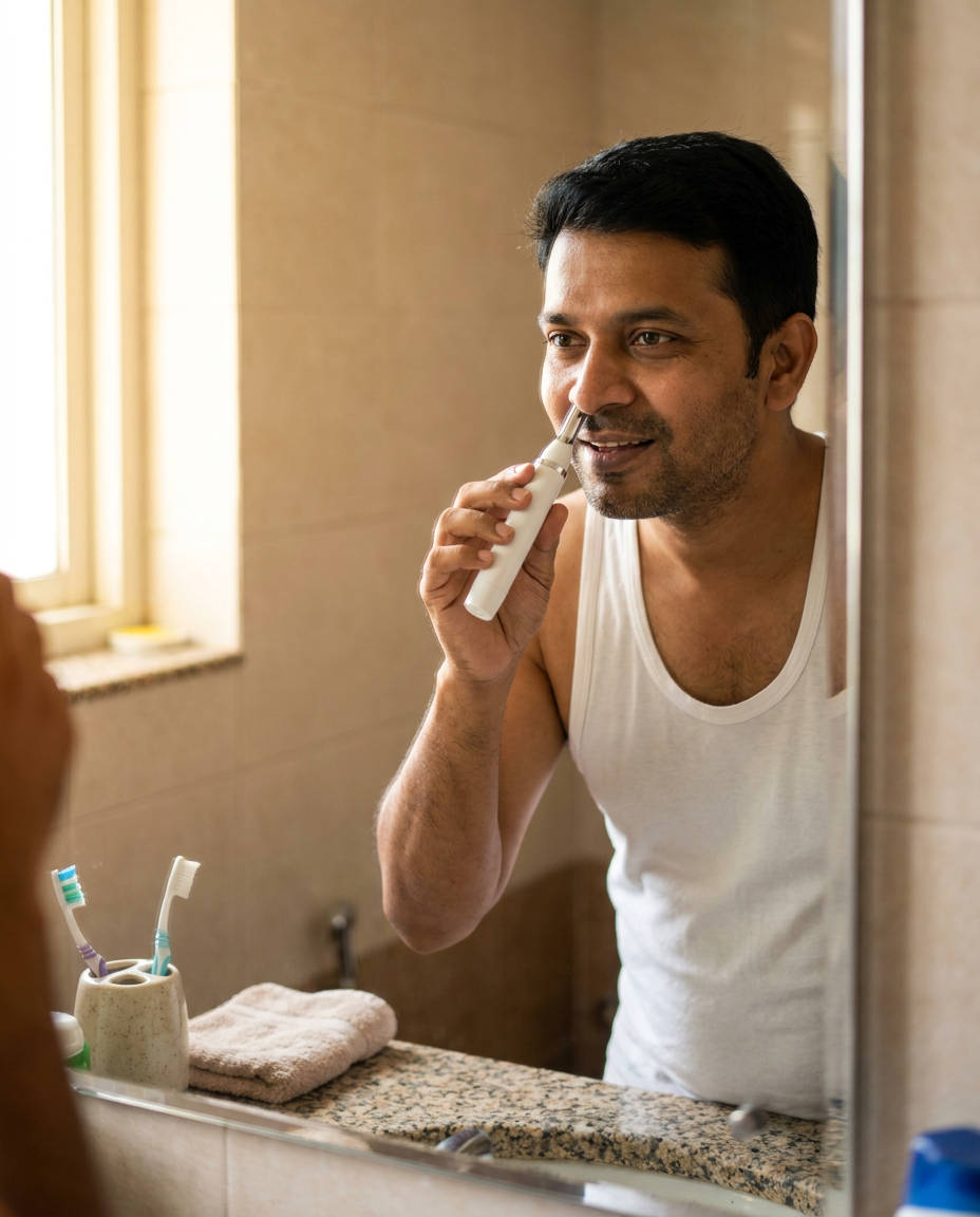 Man using the trimmer at his nose in front of a bathroom mirror