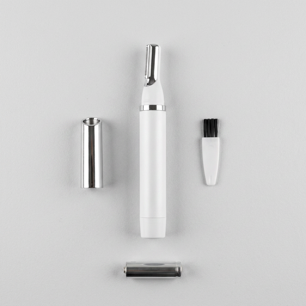 Flat lay of the trimmer, its protective cap, cleaning brush and an AA battery