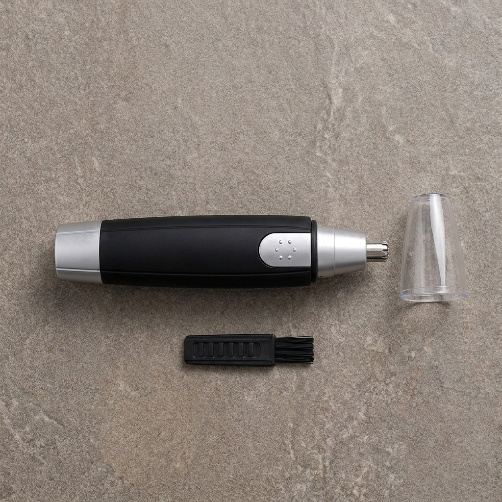 Flat lay of the trimmer, its clear protective cap and cleaning brush — no battery included