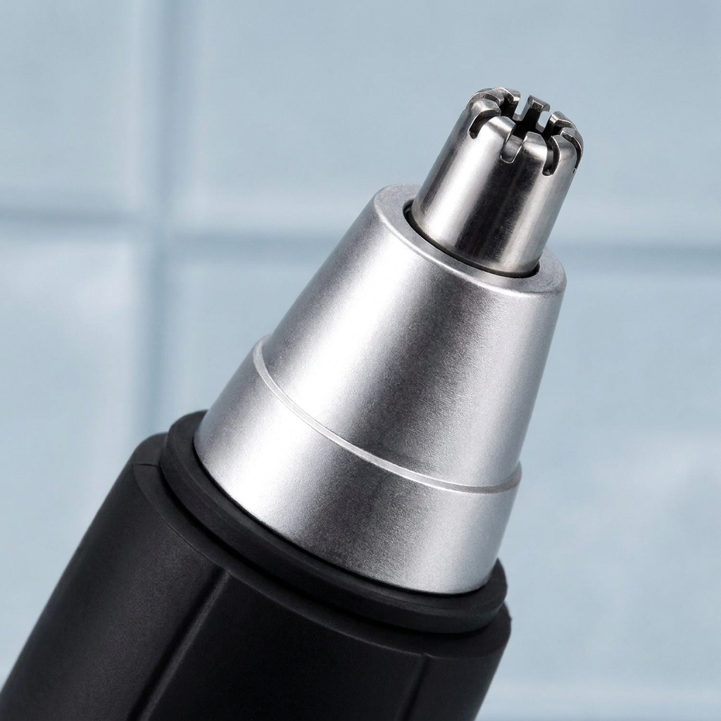 Macro shot of the brushed-silver conical trimmer head showing the stainless steel rotary blade cage