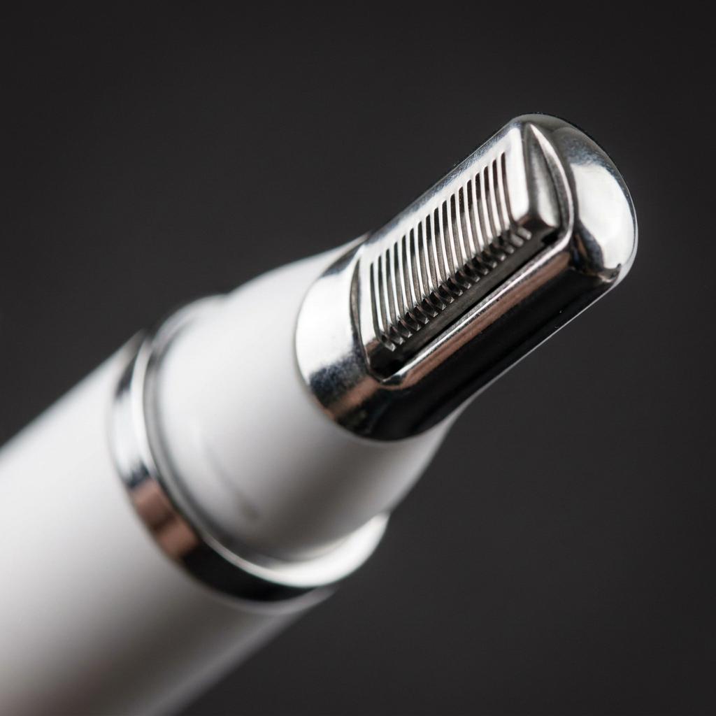 Macro shot of the chrome slotted trimmer head showing the stainless steel blades
