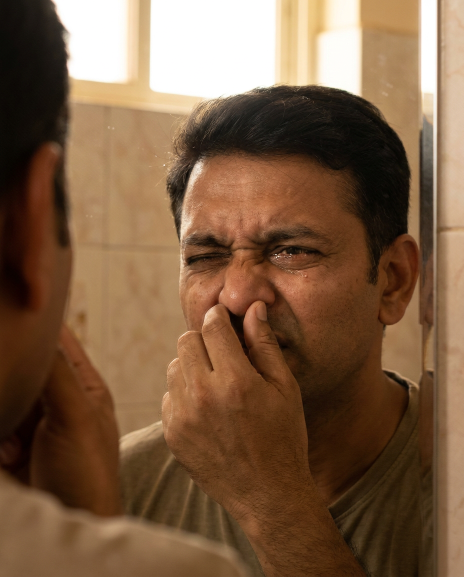 Man wincing in the bathroom mirror, mildly irritated by a stray nose hair