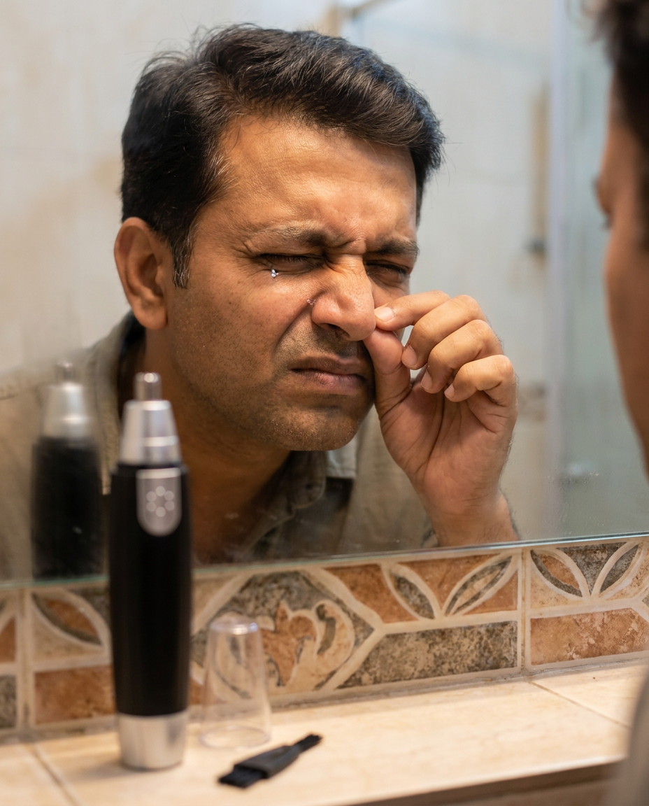 Man wincing in the bathroom mirror, mildly irritated by a stray nose hair