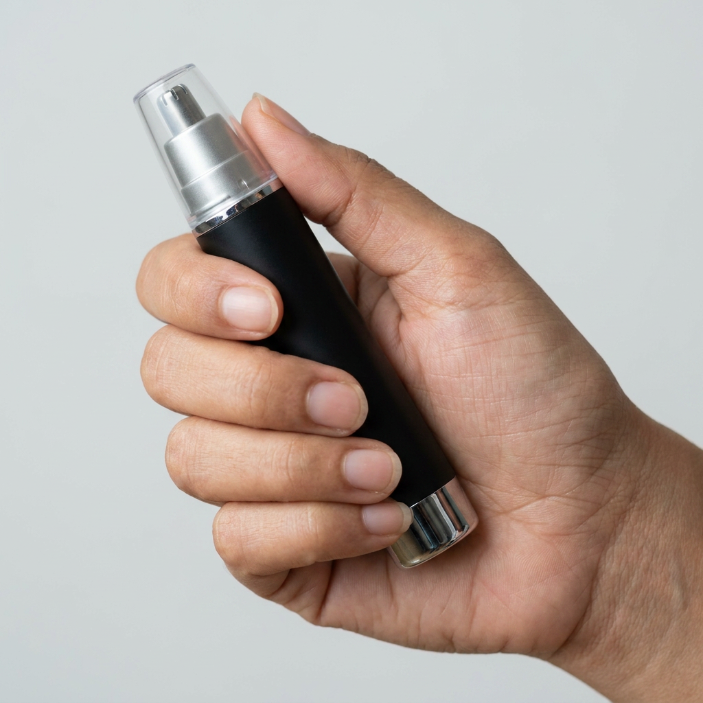 Trimmer gripped like a marker pen, showing its true compact pen-sized scale