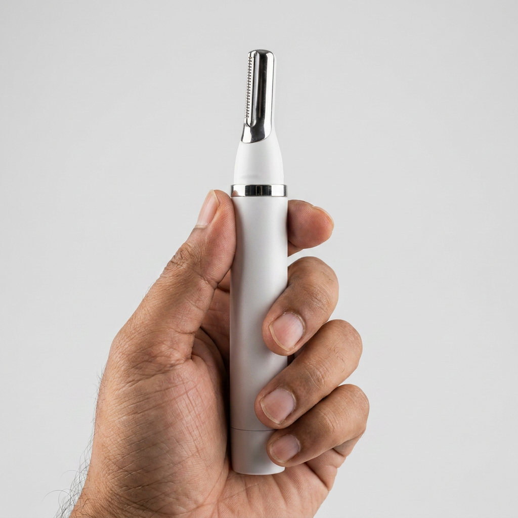 Trimmer held upright in a hand, showing its compact pen-like size