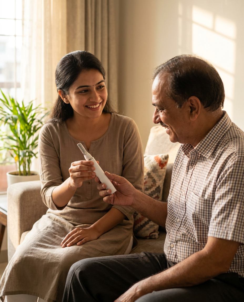 Daughter handing the trimmer to her smiling father in their living room