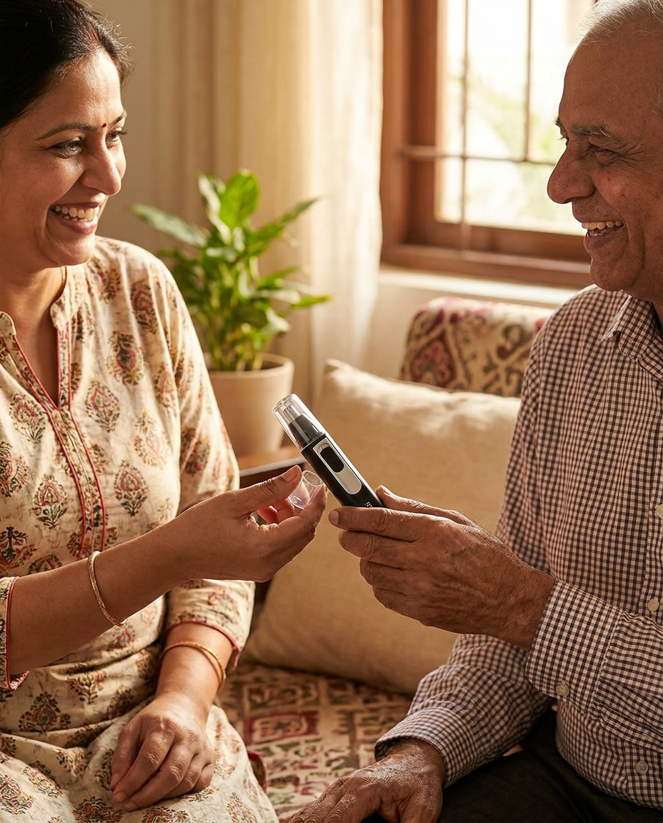 Daughter handing the trimmer to her smiling father in their living room